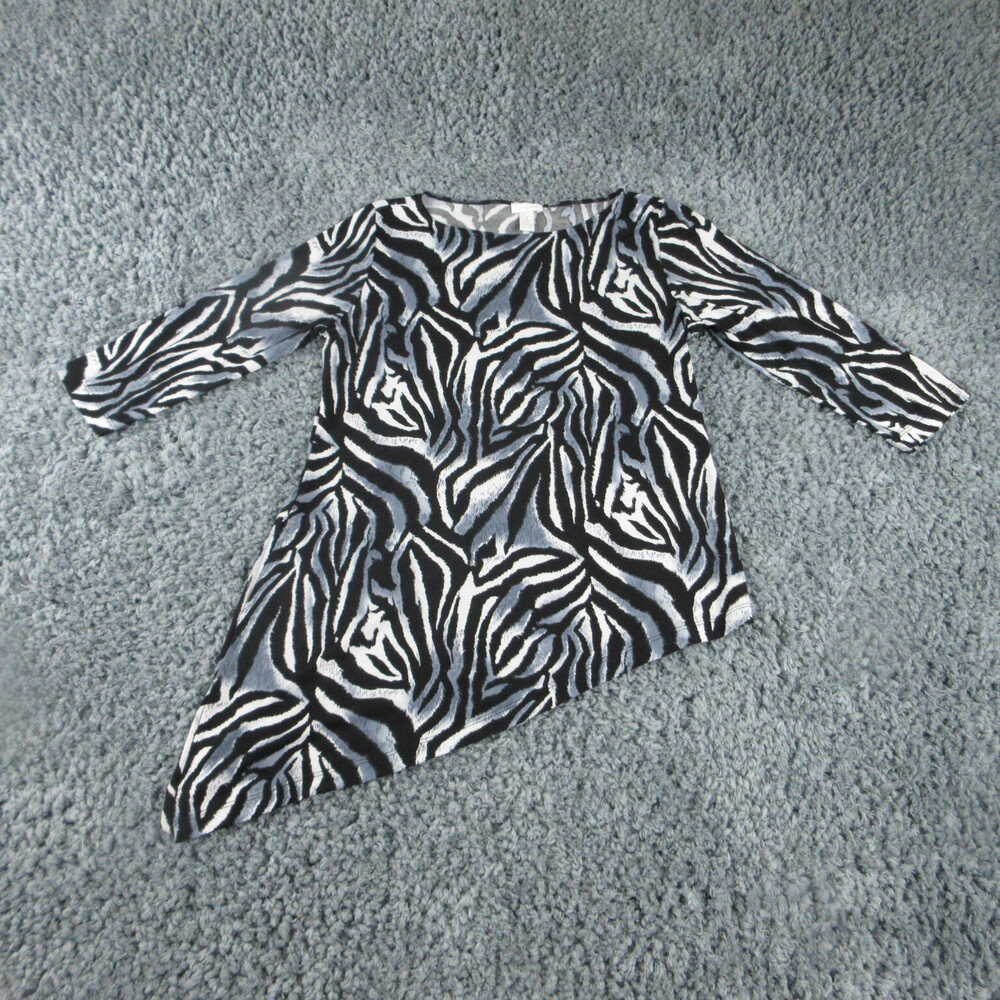 Chicos Shirt Womens 1 Black White Geometric 3/4 Sleeve Asymmetric Hem Pullover